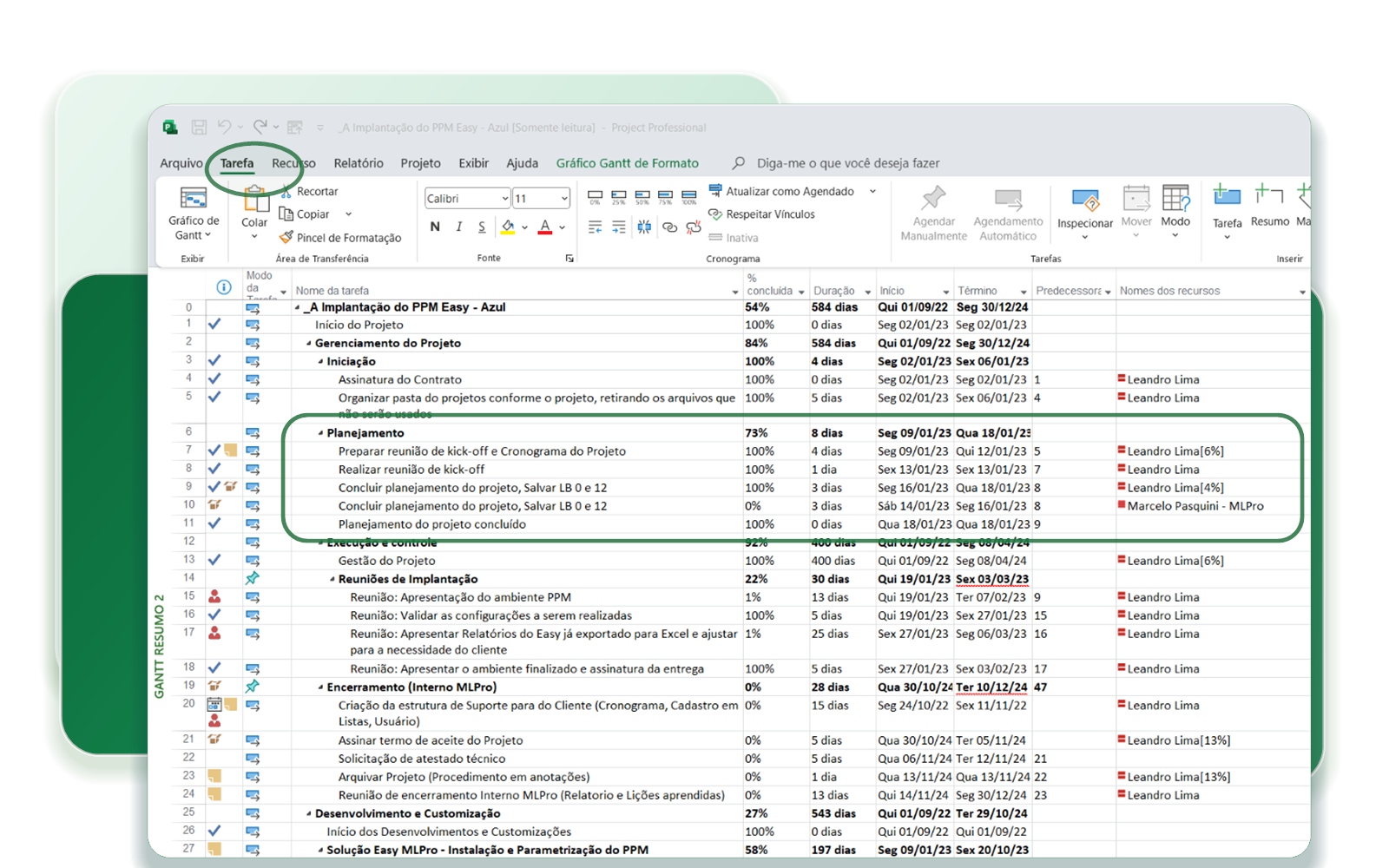 Tabela de tarefas do Microsoft Project com a fase Planejamento e suas subtarefas destacadas por um contorno verde.