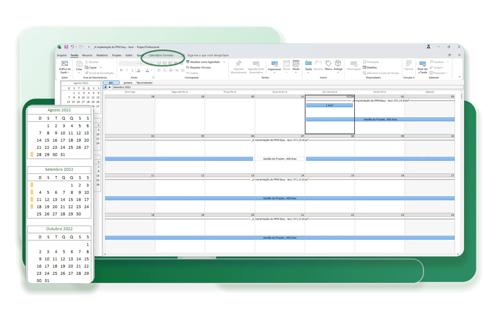 Visualização de Calendário do Microsoft Project com atividades distribuídas ao longo do mês e destaque para a guia Calendário.