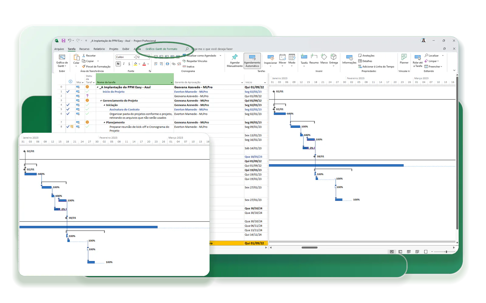 Tela do Microsoft Project com lista de tarefas e Gráfico de Gantt, mostrando barras, marcos, percentuais e dependências do cronograma.