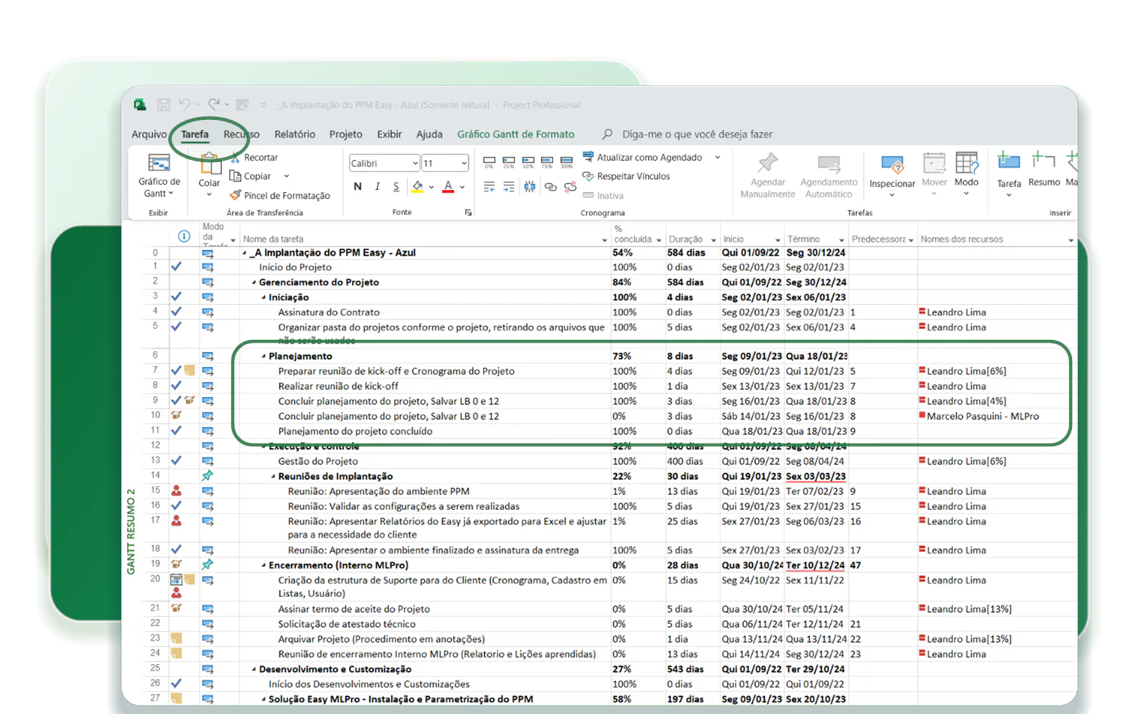 Tabela de tarefas do Microsoft Project com a fase Planejamento e suas subtarefas destacadas por um contorno verde.