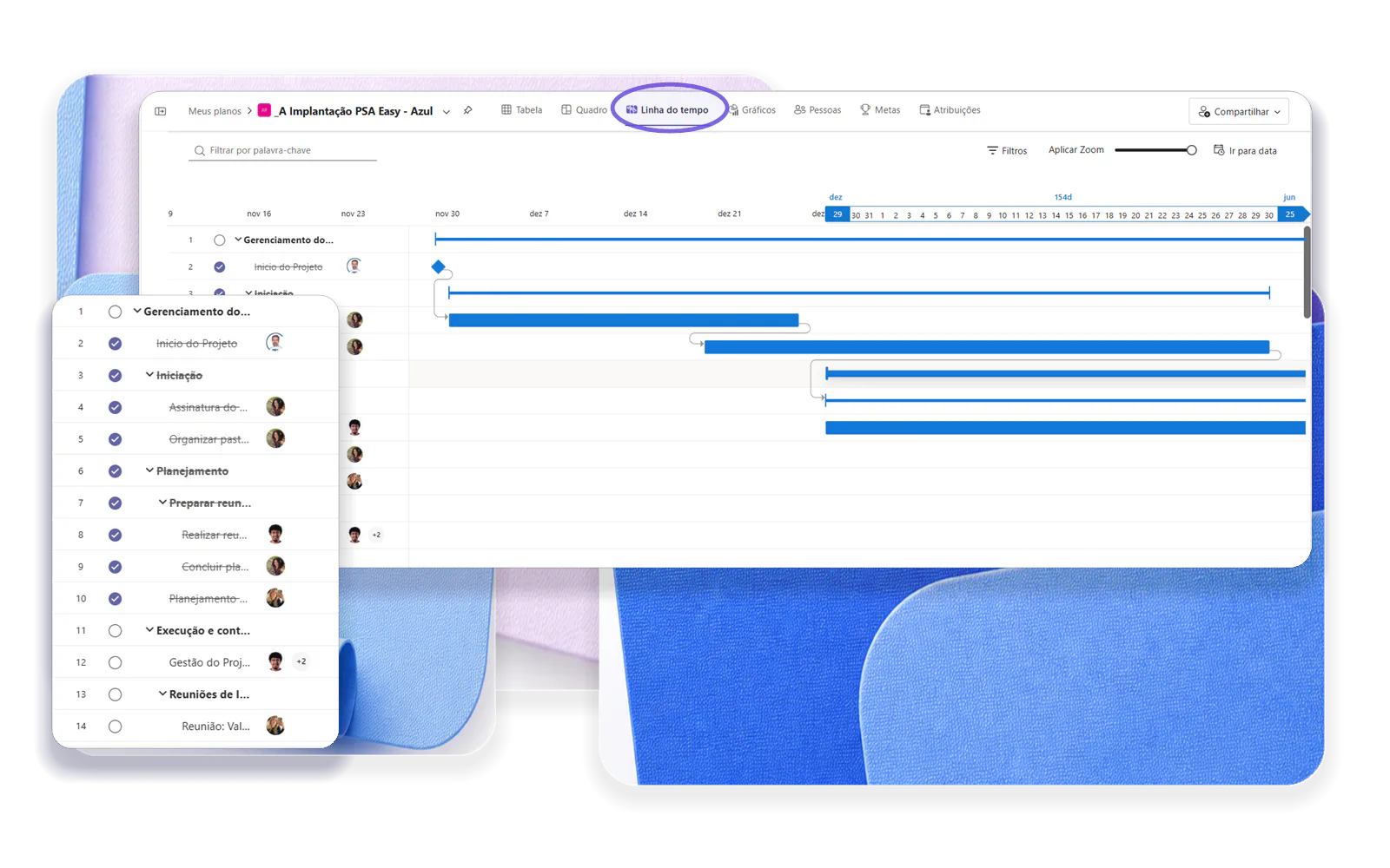 Linha do tempo do Microsoft Planner com tarefas, responsáveis, barras de cronograma e dependências.