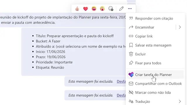 Criar tarefas a partir de mensagem no Teams
