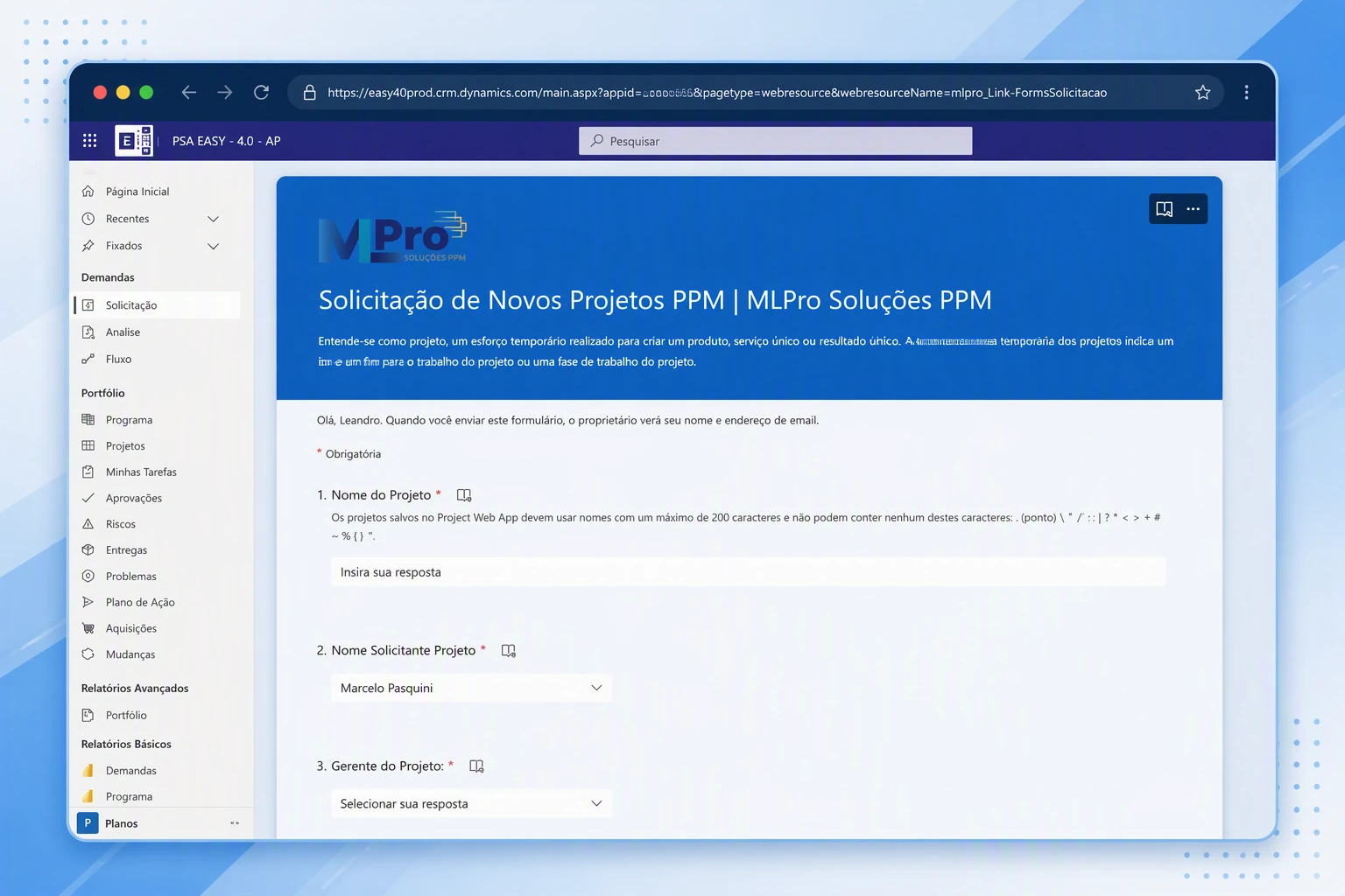 Formulário de solicitação de novos projetos no PSA Easy