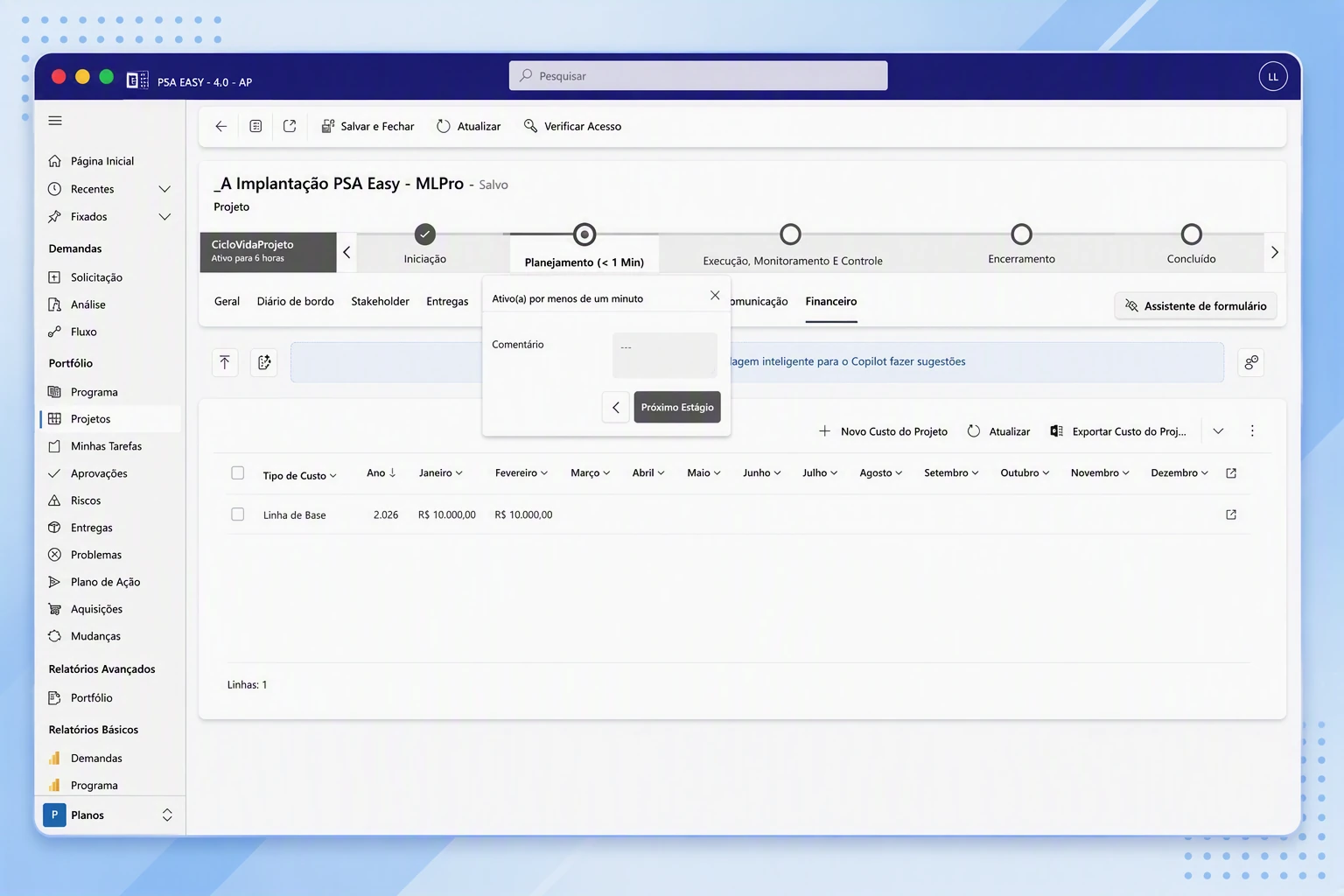 Etapa de planejamento do projeto no PSA Easy