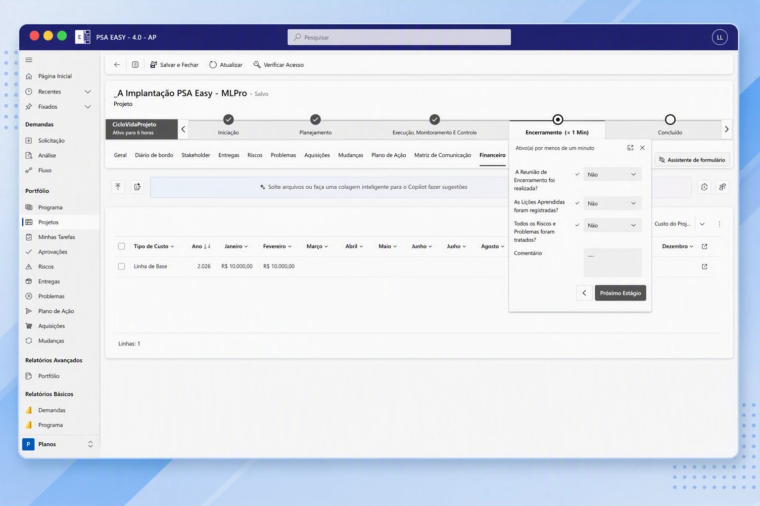 Checklist da etapa de encerramento do projeto no PSA Easy