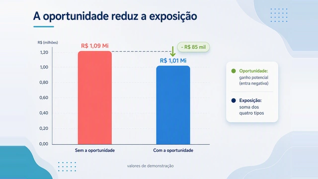 Gráfico de barras comparando a exposição sem e com a oportunidade, com redução de R$ 85 mil.