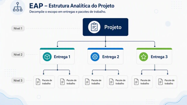 Hierarquia de EAP com entregas decompostas em pacotes de trabalho do projeto.