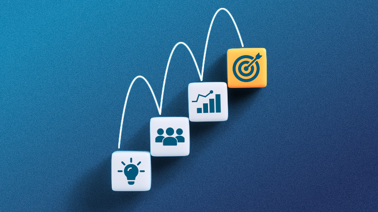 Escada com ícones representando crescimento de ideias, trabalho em equipe, metas e sucesso.