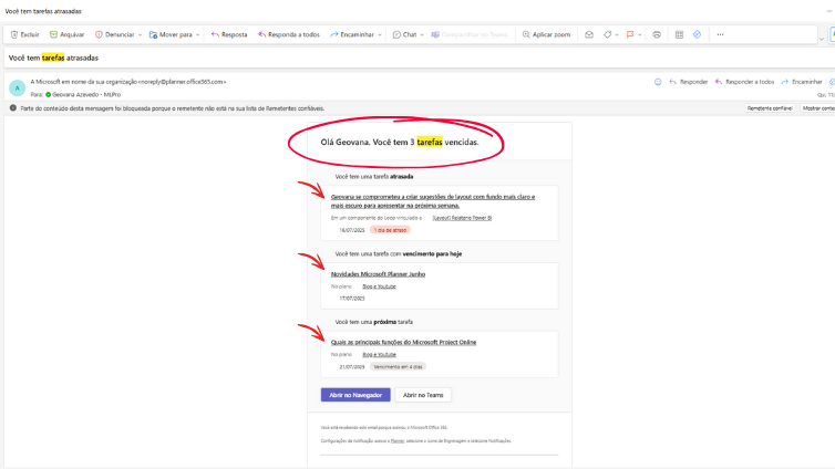 Notificação por email gerada pelo Project Manager Agent