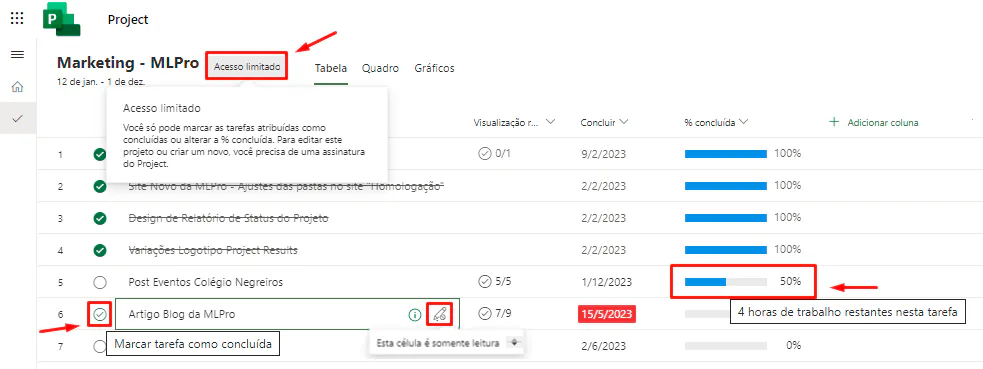 Project For the Web: Alterando a % concluída de tarefas