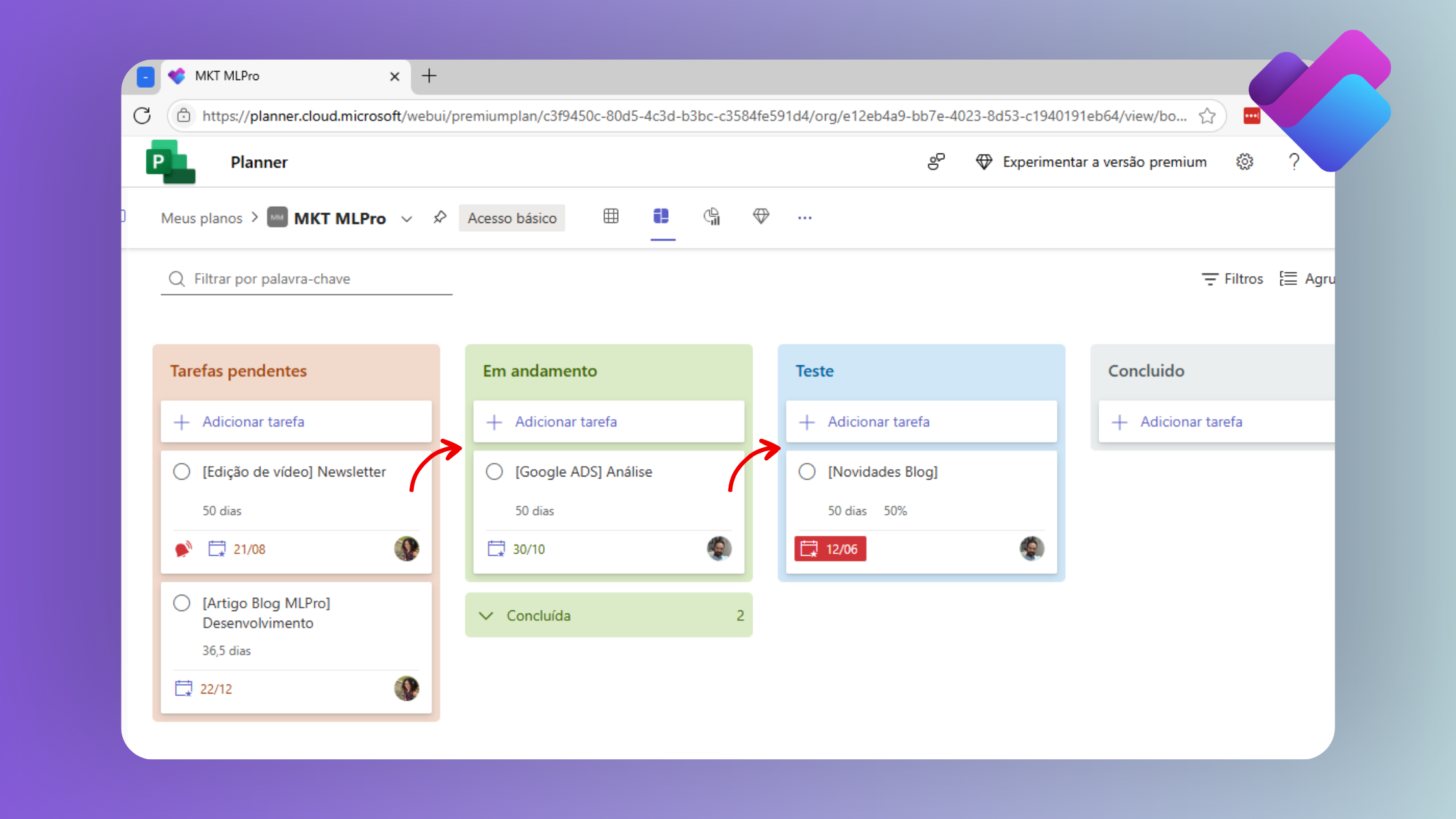 Quadro de Tarefas Kanban no Planner Básico