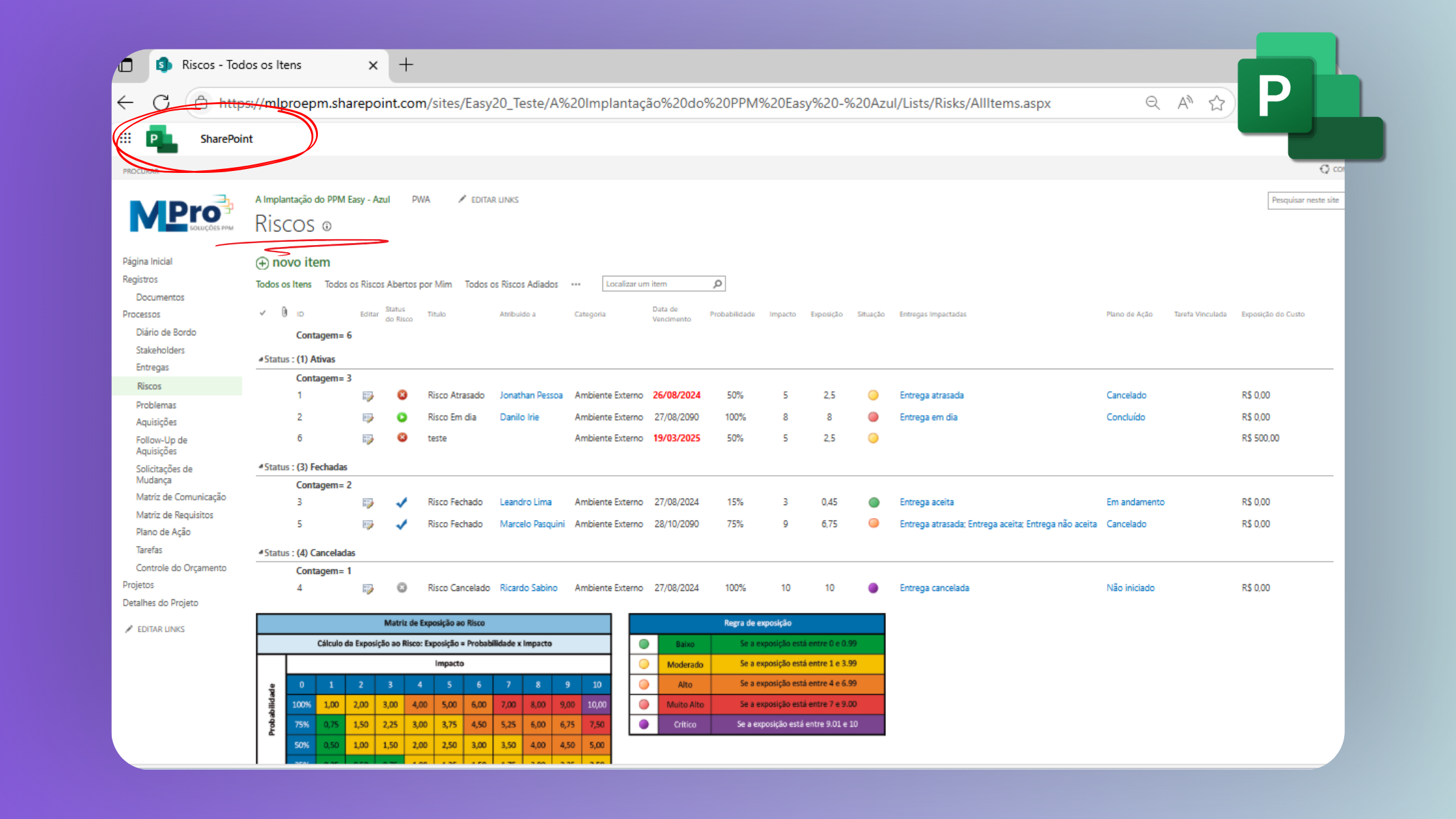 Página de Riscos do Site SharePoint do PWA