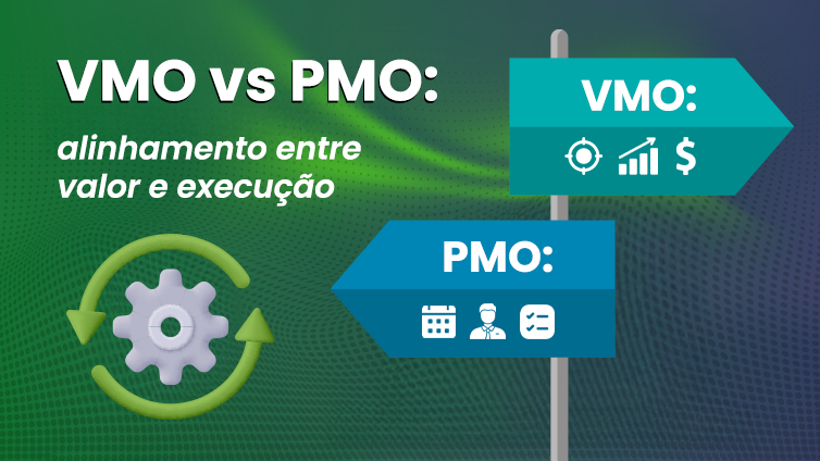 Comparativo visual entre VMO e PMO destacando o alinhamento entre valor e execução na gestão de projetos, com ícones representando indicadores financeiros e operacionais.